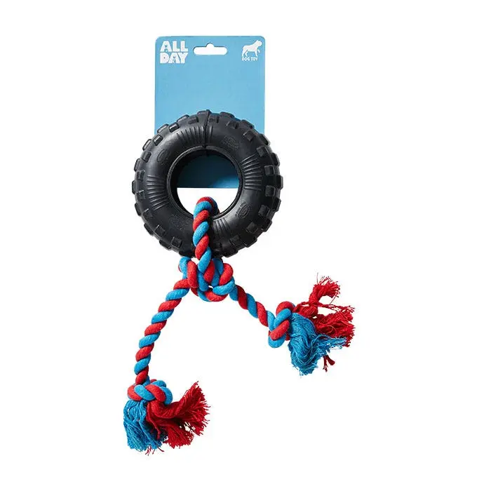 All Day Tough Tyre Chew With Rope Dog Toy Black S 4 All Day Tough Tyre Chew With Rope Dog Toy Black S - Image 2